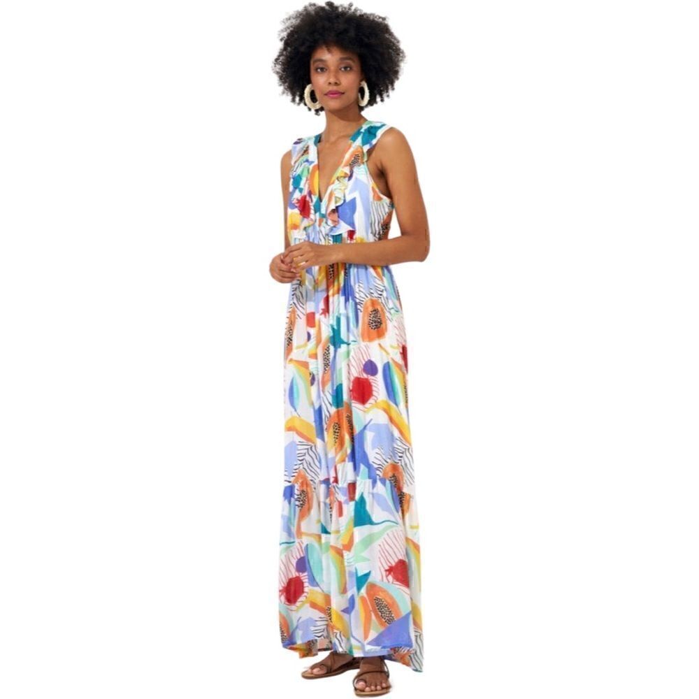 OLIPHANT Ruffle V-Neck Maxi in Papaya Yellow, Silk Blend. Vibrant! Size XS. NWT! - Picture 3 of 16